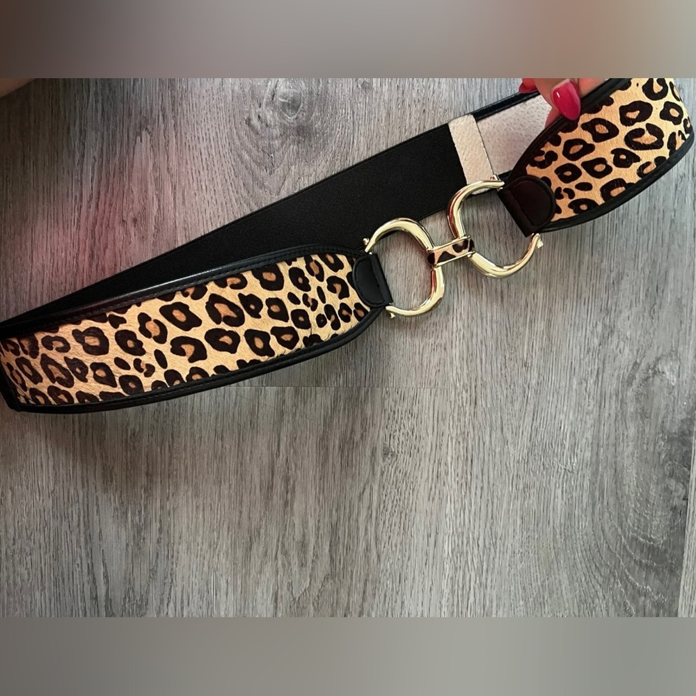 Chico’s Black Brown Leather Leopard Calf Hair Interlocking Stretch Belt Sz M